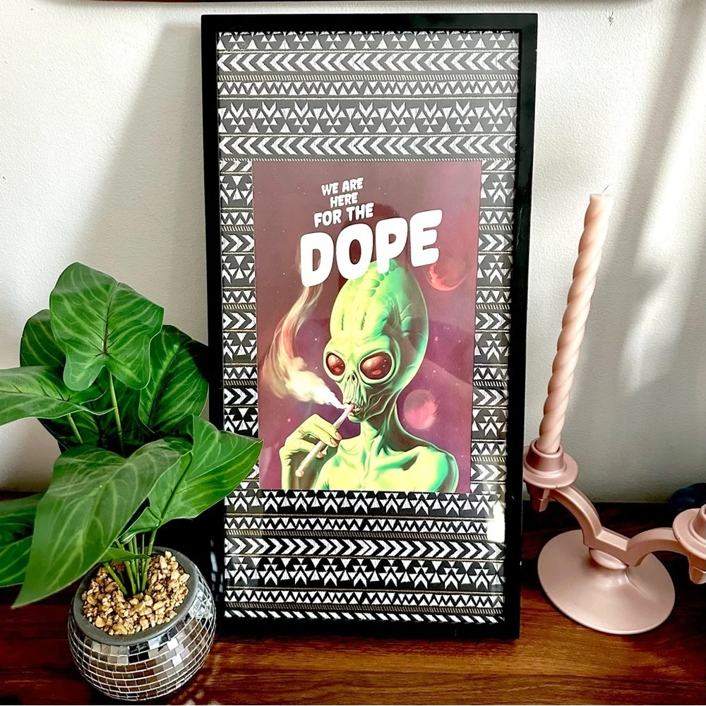Here For the Dope Stoned Alien UFO Smoking Weed Framed Canvas Art Print Galaxy